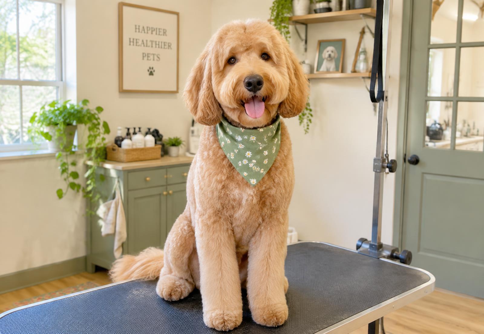 Freshly groomed goldendoodle at Pawsh